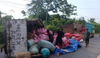Pecah Ban, Truk Muatan 8 Ton Bawang Terguling di Airlimau
